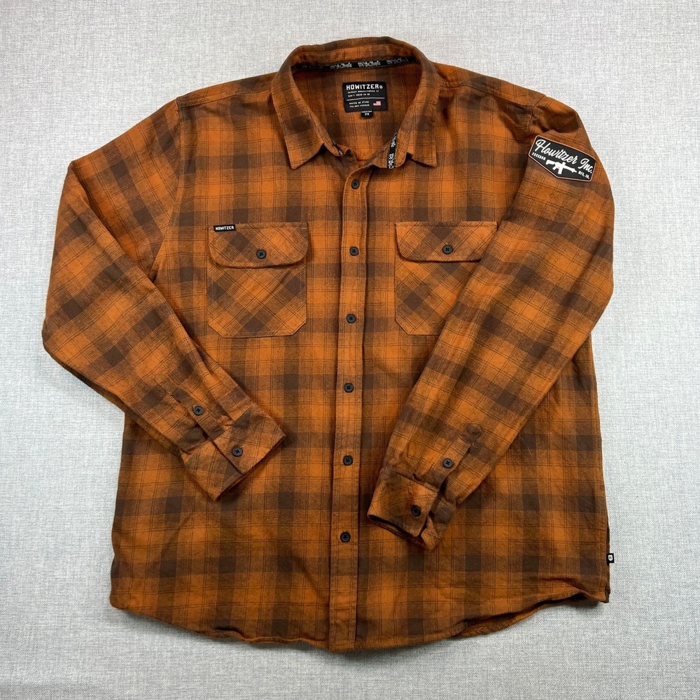 Howitzer We the People Flannel Shirt Men XXL Orange Brown Plaid Cotton Patriot